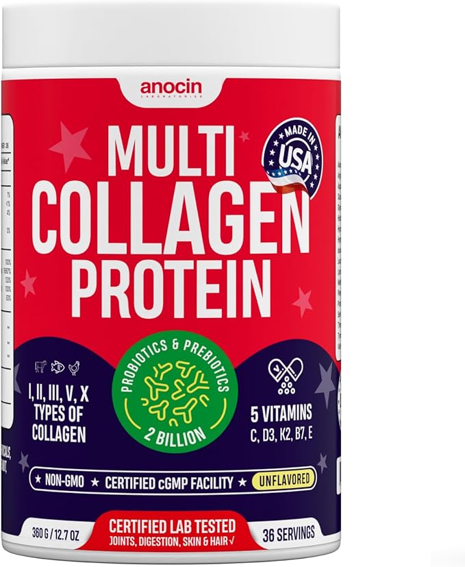 anocin Multi Collagen Peptides w/Prebiotic + Probiotics + Type I, II, III, V, X + Hydrolyzed Collagen Powder w/Vitamin C+D3+B7+K2+E Hyaluronic Acid, Supports Skin Hair Nail Joint, Grass-Fed, Non-GMO