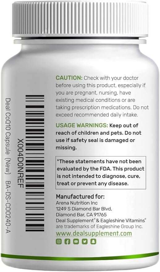 DEAL SUPPLEMENT CoQ10 100mg with Omega 3 100mg, 240 Capsules | Bioavailable Coenzyme Q10 Formula | Non-GMO