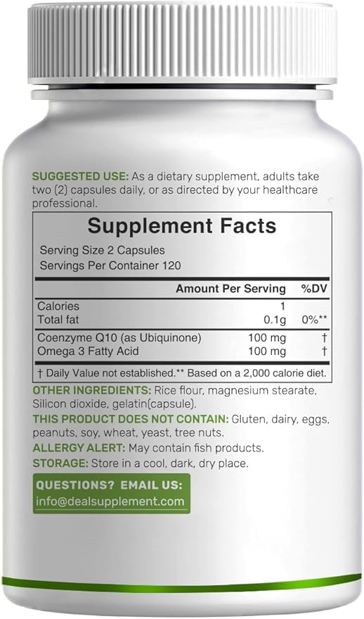 DEAL SUPPLEMENT CoQ10 100mg with Omega 3 100mg, 240 Capsules | Bioavailable Coenzyme Q10 Formula | Non-GMO