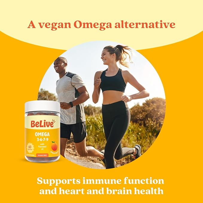 BeLive Organic Omega 3 Gummies - 120 Ct I Vegan Omegas 3 6 7 & 9 from Flaxseed Oil & Sea Buckthorn Fruit Oil, for Kids & Adults, Full Body, Brain & Eye Support, Sugar Free – Peach Flavor