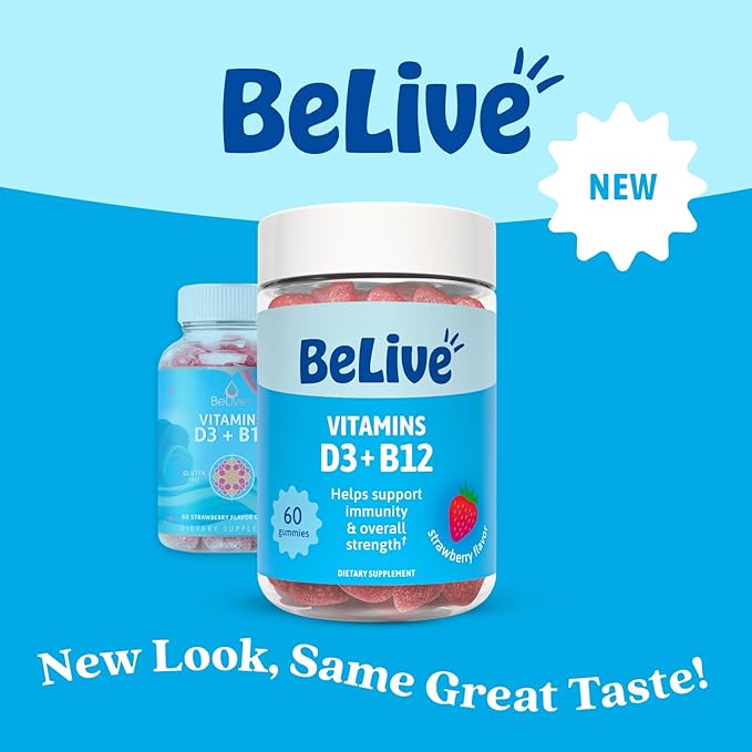 BeLive Vitamin D3 Gummies with B12 Vitamins - Immune Support Gummies with Vegan Vitamin B12 & D3, Provides Enhanced Bone & Muscle Strength, Hearth Health and Energy - Strawberry Flavor | 3-Pack
