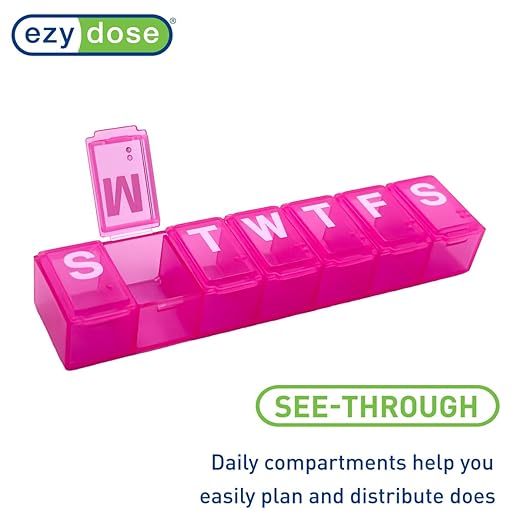 EZY DOSE Weekly (7-Day) Daily Pill Organizer, Vitamin Planner, Medicine Container, Case for Supplements and Fish Oils, Convenient and Easy to Use, Medium Compartments, Travel Friendly, Pink, BPA Free