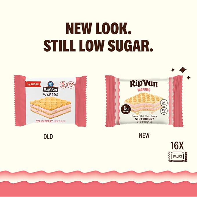 Rip Van Strawberry Keto Wafer Cookies - Healthy Vegan Snacks - Non GMO, Low Sugar (1g), Low Calorie - 16 Count