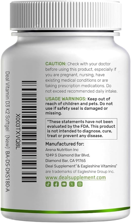 DEAL SUPPLEMENT Vitamin D3 5,000 IU + K2 MK7 Softgels, 250 Count | 2-in-1 Complex | Easy to Swallow