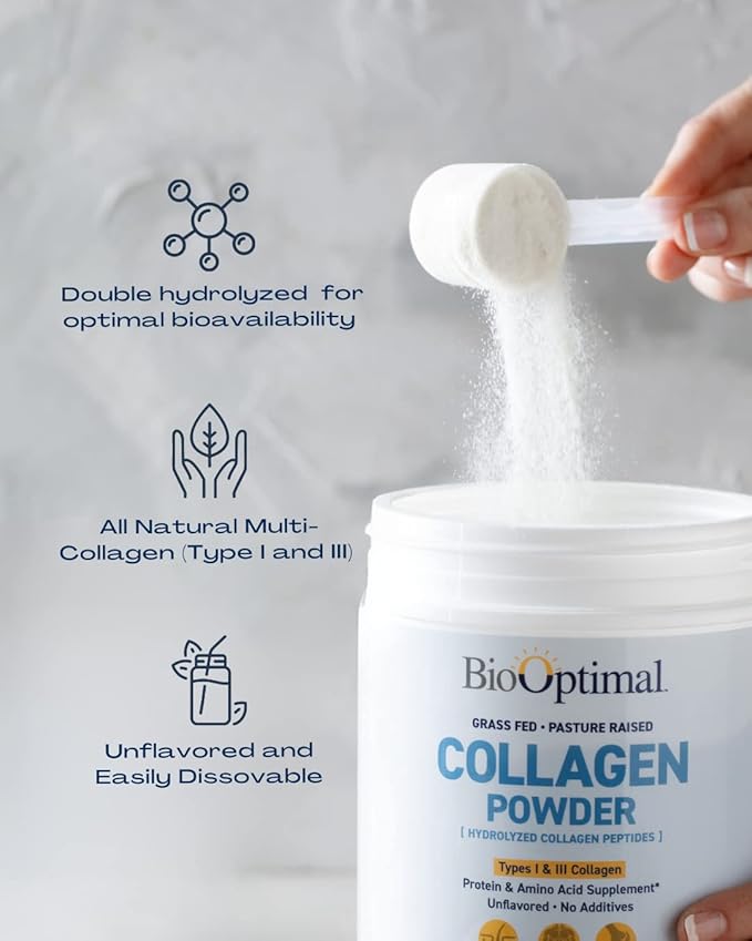 BioOptimal Collagen Peptides Powder - Grass-Fed, Pasture-Raised Hydrolyzed Protein Supplement for Skin, Hair, & Nails - Non-GMO, Zero Sugar Daily Supplement for Men & Women (30 Servings)