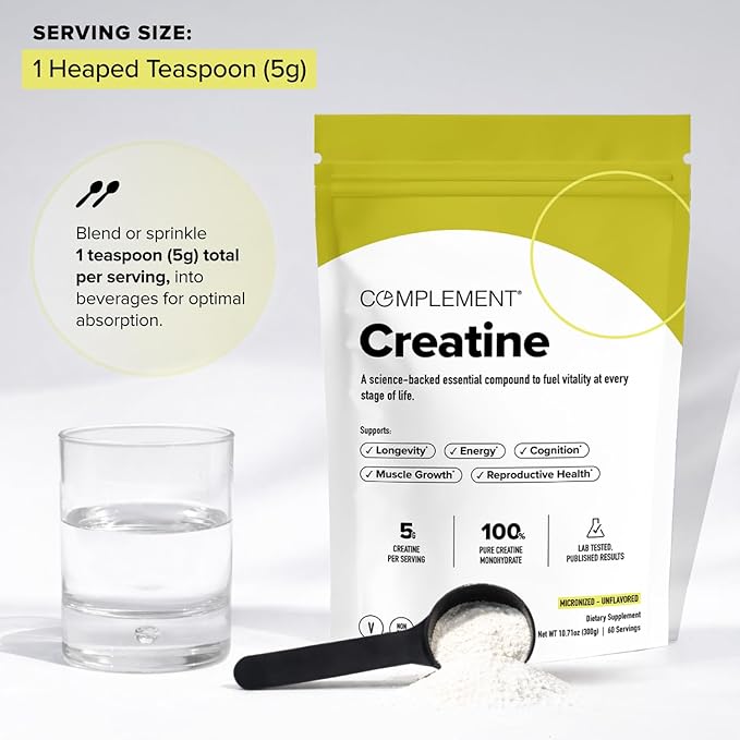 Complement Creatine Monohydrate Micronized Powder - Pre-Workout, Post-Workout, Muscle Recovery, Brain Health, Longevity, Energy Supplements for Women and Men - Vegan, Unflavored (5g, 60 Servings)
