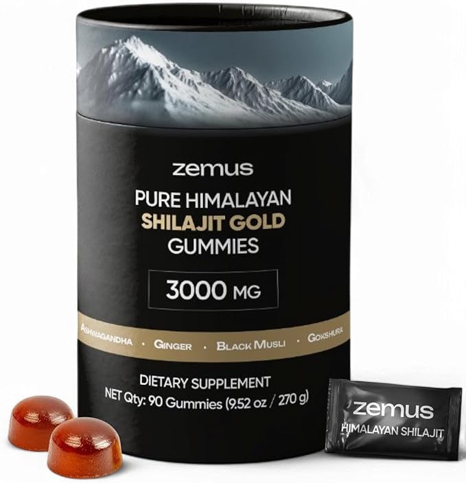 Zemus Himalayan Pure Shilajit Gummies I Lab Tested I Synergistic Blend of Ashwagandha & 5 Mushroom Complex | Fulvic Acid & 85+, Trace Minerals | for Men & Women (90 Count / 9.52 oz, Gold)