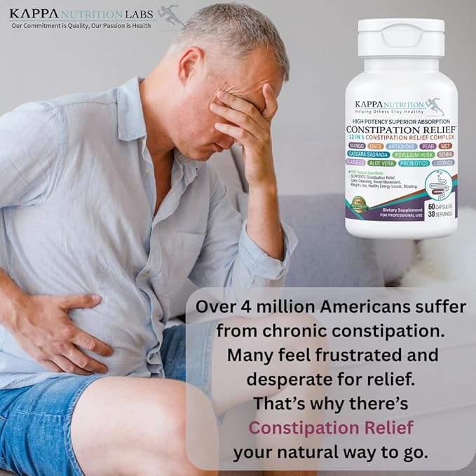 KAPPA NUTRITION Constipation Relief Supplement – Gentle Colon Cleanse for Regularity & Gut Health – Non-Habit Forming Formula with Fiber, Herbs & Probiotics – Non-GMO, 60 Capsules