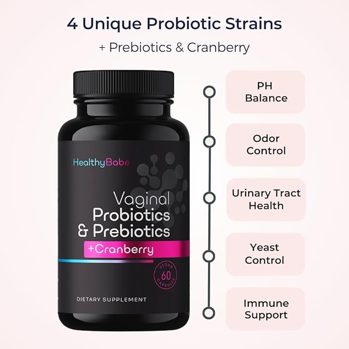 Healthy Babe Vaginal Probiotics for Women + Prebiotics & Cranberry Pills, pH Balance, Healthy Odor, Yeast, Immune Support, Positive Microbiome Health, Women’s Acidophilus Probiotic, 60 Vegan Capsules