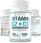 Max Absorption Vitamin K2 + D3 (5000IU) 90 Veggie Capsules From MK-7 (Menaquinone-7) and Cholecalciferol (With BioPerine) 3-Months Supply – D3 with K2 For Healthy Heart and Strong Bones | Non-GMO