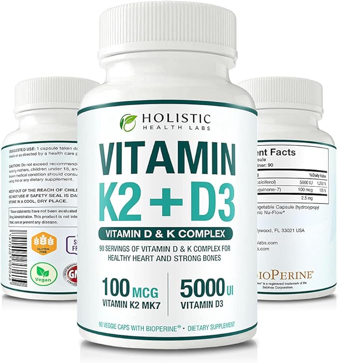 Max Absorption Vitamin K2 + D3 (5000IU) 90 Veggie Capsules From MK-7 (Menaquinone-7) and Cholecalciferol (With BioPerine) 3-Months Supply – D3 with K2 For Healthy Heart and Strong Bones | Non-GMO