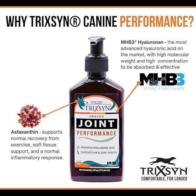 TRIXSYN Canine Performance - Dog Hip & Joint Supplement for Small, Large & Senior Dogs - Liquid Hyaluronic Acid Formula Patented MHB3 Hylauronan Liquid Formula - 72 Day Supply