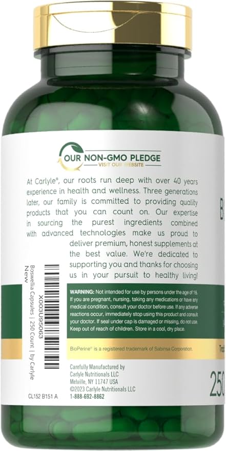 Carlyle Boswellia Extract Capsules | 250 Count | Boswellia Serrata Complex with Black Pepper Extract | Non-GMO, Gluten Free Supplement