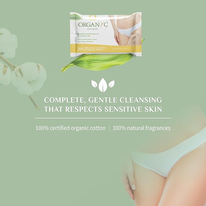 Organyc - 100% Organic Cotton Intimate Wet Wipes, No Parabens, Alcohol, or Chlorine -, White, 20 Count (Pack of 1) (ORGWW1A)