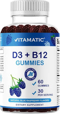 Vitamatic Vitamin D3 + B12 Gummies Made with Folate & Vitamin B6 - Natural Blue Raspberry Flavor – 60 Gummies – Made in the USA