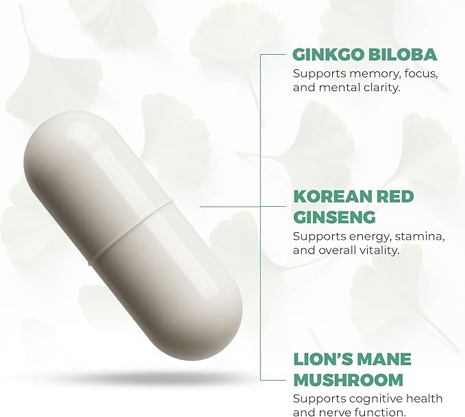 Ginkgo Biloba Supplements 120mg with Korean Red Ginseng 300mg & Lion's Mane Mushroom 1000mg Vegetarian Capsules Non-GMO & Gluten Free Natural Brain Supplement for Memory, Focus & Cognitive Support