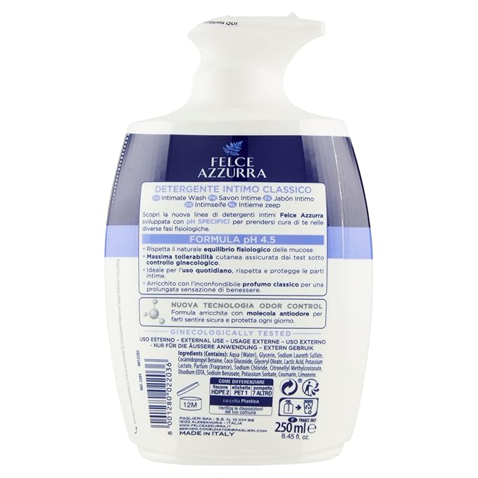 Felce Azzurra Classico Intimate Wash pH 4.5 250 ml, 8.4 Fl Oz made in Italy [italian import]