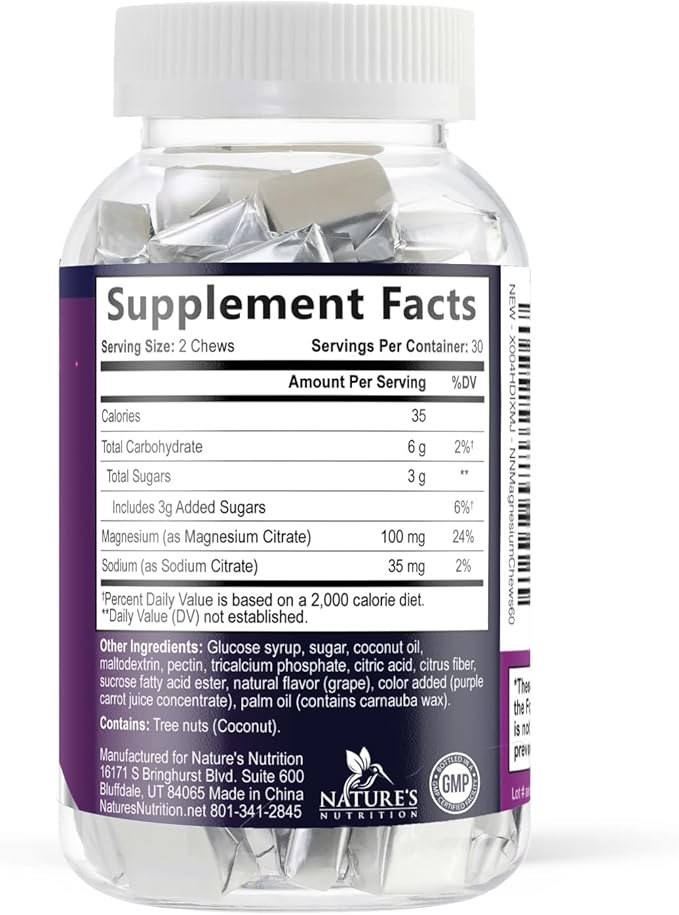 Magnesium Citrate Chews Supplement - High Absorption Magnesium Gummies Supplement - Vegan Mag Citrate Soft Chews Gummy for Adults - Relaxation & Calm Support - Delicious Grape Flavor - 60 Gummies