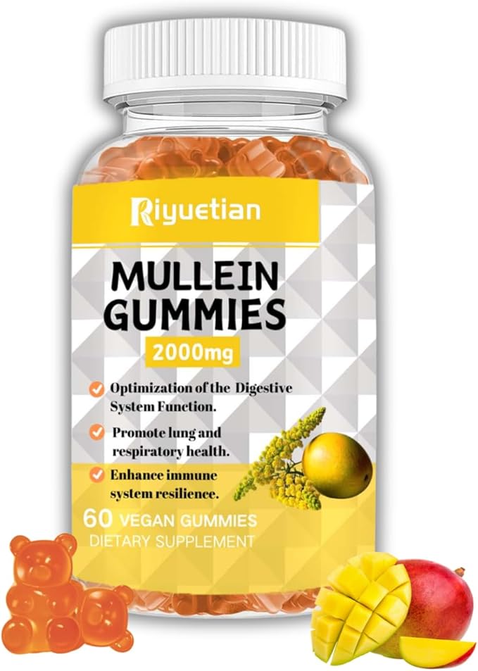 Mullein Gummies, 2000mg Organic Mullein Leaf Extract with Quercetin, Bromelain & Vitamin D3, Mullein Leaf Extract for Respiratory, Natural Lung Cleanse, Improve Appetite, Vegan, Non-GMO, 1 Pack