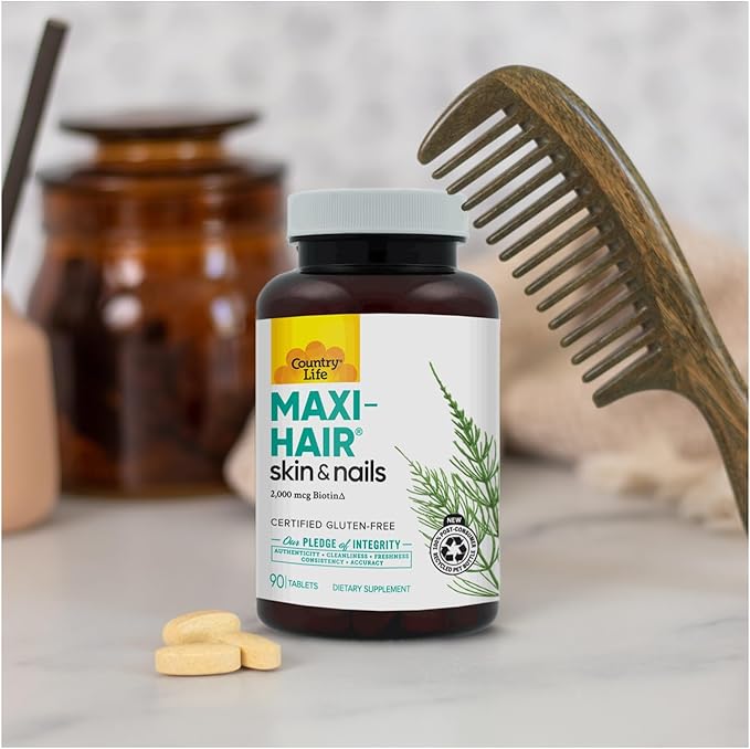 Country Life Maxi-Hair Supplement - 2000mcg Biotin & Vitamins for Hair, Skin & Nails - Certified Gluten-Free & Vegetarian - Supports Hair Growth, 90 Tablets