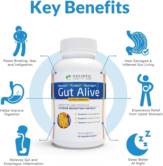 Holistic Health Labs Gut Alive - All Natural Support to Fight IBS, Heartburn, Acid Indigestion, Acid Reflux, Bloating & Gas. Unique Formulation (60 Count (Pack of 2))