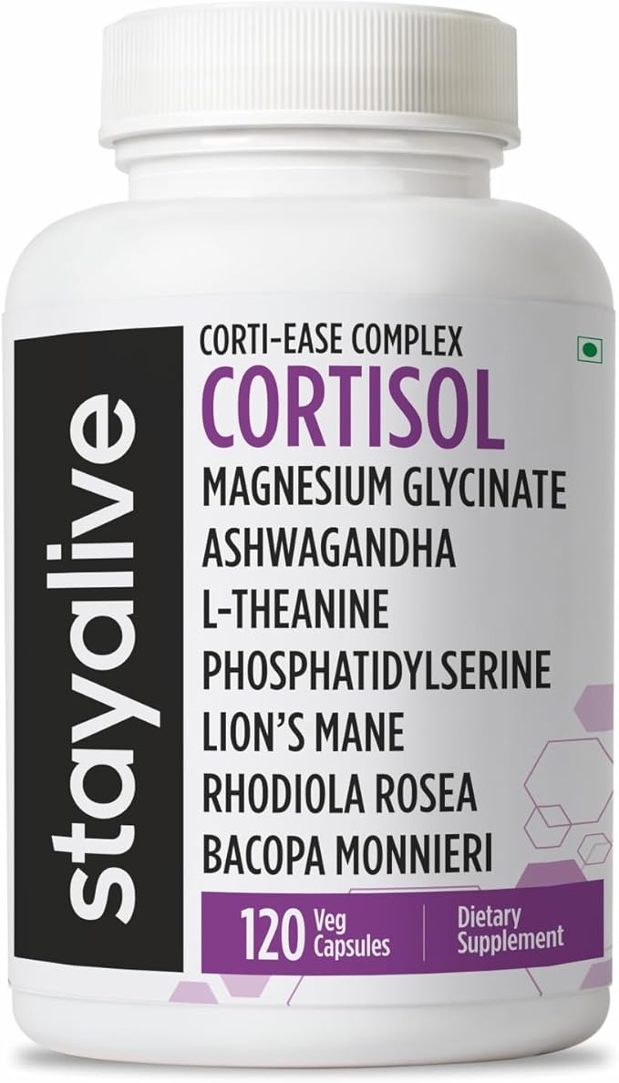 STAY ALIVE Cortisol Manager Supplement 15-in-1 Complex w/L-Theanine, Ashwagandha, Magnesium Glycinate, Phosphatidylserine and More, 120 Veg Capsules, Non-GMO & Gluten-Free Formula for Women and Men