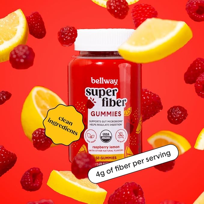Bellway Super Fiber Gummies for Adults - Sugar Free Organic Fiber Supplement Gummies with 4g of Fiber per Serving - Prebiotic Chicory Root Fiber for Digestive Gut Health, Raspberry Lemon, 60 Count