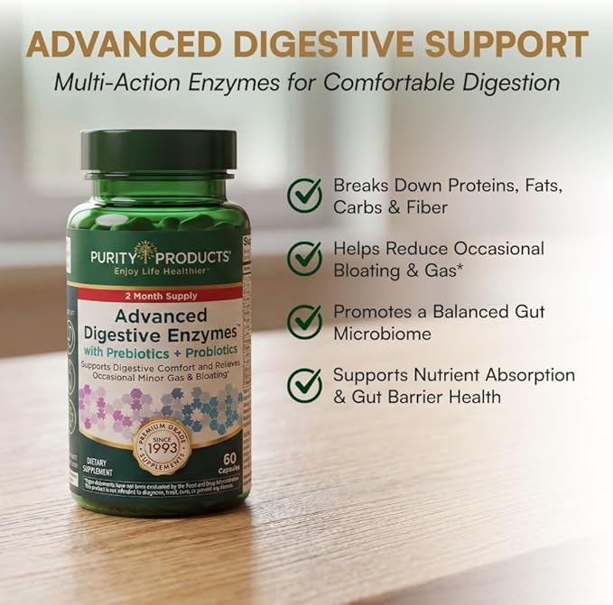 Purity Products Advanced Digestive Enzymes with Probiotics & Prebiotics – Digestive Health Supplement for Bloating, Gas Relief & Gut Support – Plant-Based Enzymes + 1.5B CFUs 60 Veggie Capsules