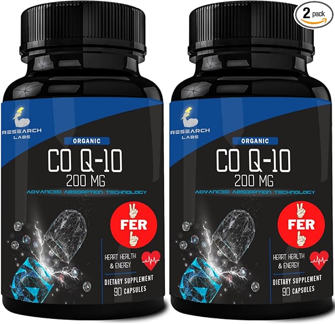 Research Labs 180 Softgels Advanced Absorption 200mg CoQ10 w/Black Pepper Extract. 2 for 1 Ad. Organic, Gluten Free, Heart Health Support, Energy Production, Antioxidant Supplement