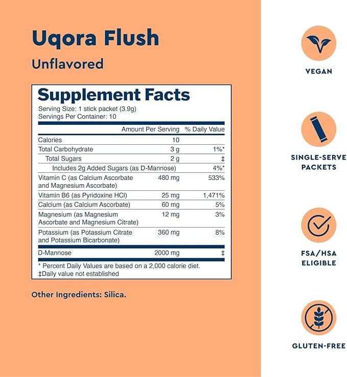 Uqora Flush - Urinary Tract* with D-Mannose, Vitamin C, Vitamin B6, Potassium, Magnesium & Calcium - Gluten-Free & Vegan - Unflavored - 10 Packets (1 Pack)
