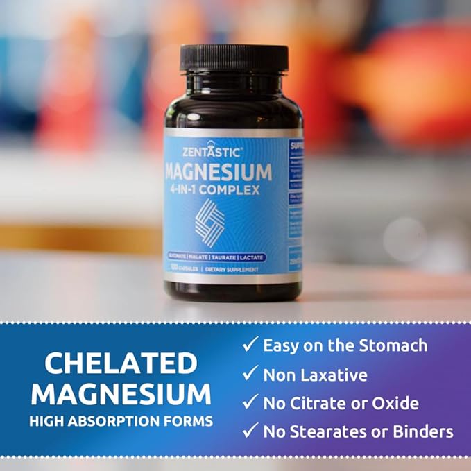 Zentastic Magnesium Complex 4-in-1 Supplement – Magnesium Glycinate, Malate, Taurate & Lactate – Chelated High Absorption for Nerves, Muscles, Bones & Immune Support – 120 Capsules