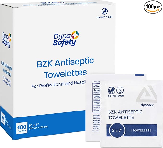 Dynarex BZK Antiseptic Towelettes, Moist Sanitizing Towelettes Designed to Prevent Infection in Minor Wounds, 5x7, Disposable & Individually Wrapped, 1 Box of 100 (Packaging May Vary)