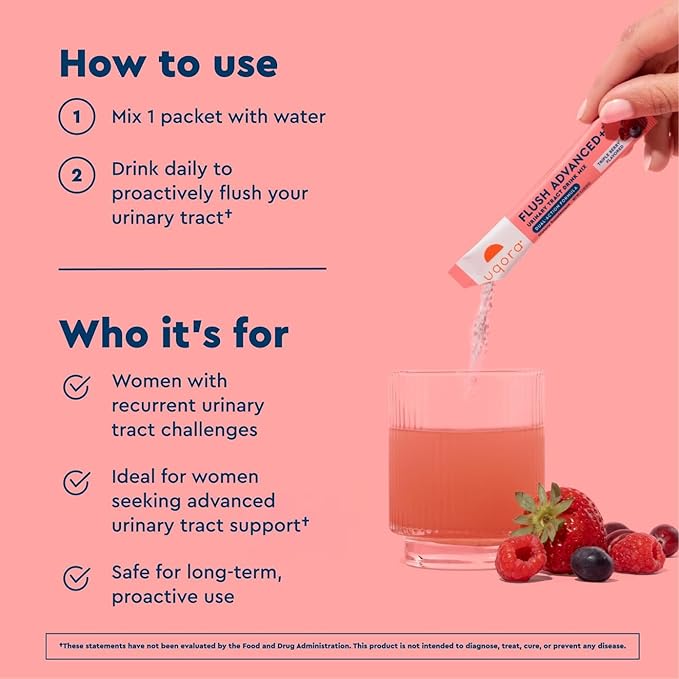 Uqora Flush Advanced+ - Helps Reduce Risk of Recurrent UTI** - with Cranberry, D-Mannose, Vitamin C, Vitamin B6 & Potassium - Gluten-Free & Vegan - Triple Berry Flavor - 10 Packets (1 Pack)