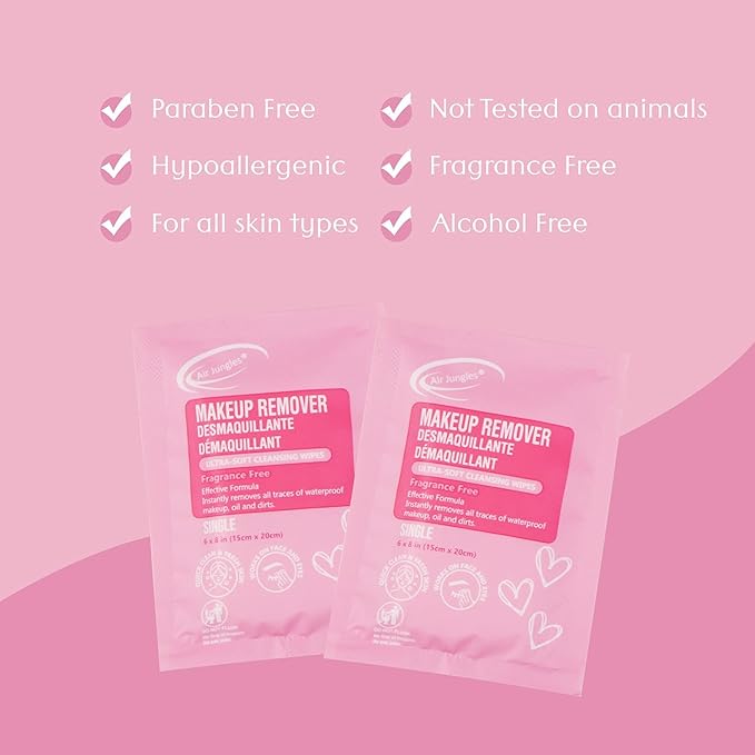 Air Jungles 250 Count Bulk Makeup Remover Wipes, Individually Wrapped Cleansing Face Lid Eyes Waterproof Makeup, Infused with Vitamin E for All Skin Types, Fragrance-Free-Hotel Travel Size Toiletries