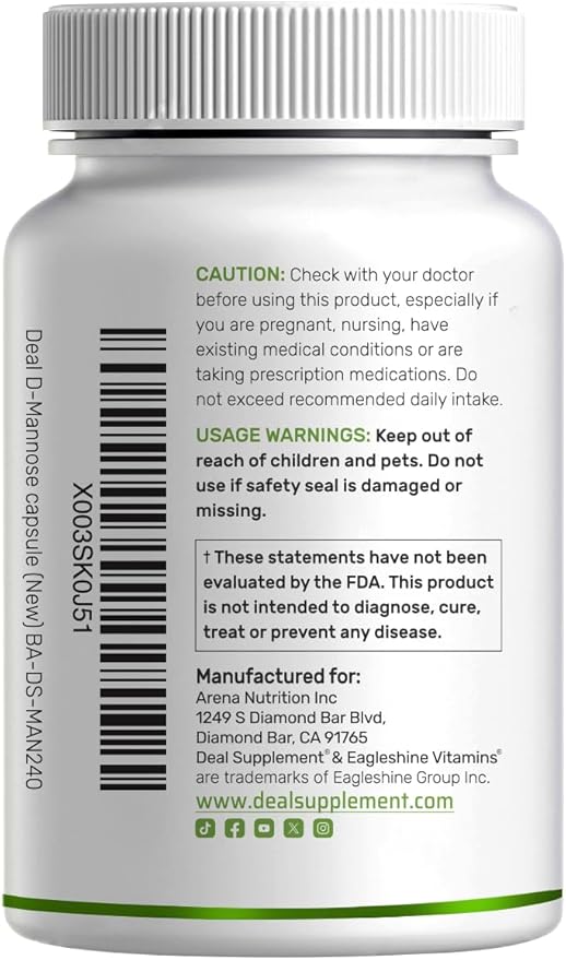 DEAL SUPPLEMENT D Mannose 500mg Capsules (2,000mg Per Serving), 240 Veggie Pills – Fast Acting Water-Soluble Form – Extra Strength Urinary Tract (UTI) Health Support – Non-GMO, Vegan Friendly