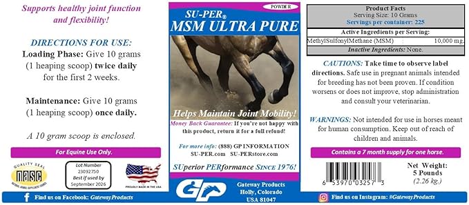 SU-PER MSM Ultra Pure Horse Joint Supplement - Helps Maintain Joint Mobility and Flexibility - 5 Pound, 7 Month Supply