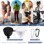 Protein Powder Funnel 4-Pack with Cleaning Brush, 5oz Leak-Proof Containers, Gym Travel Supplement Dispenser, Black White