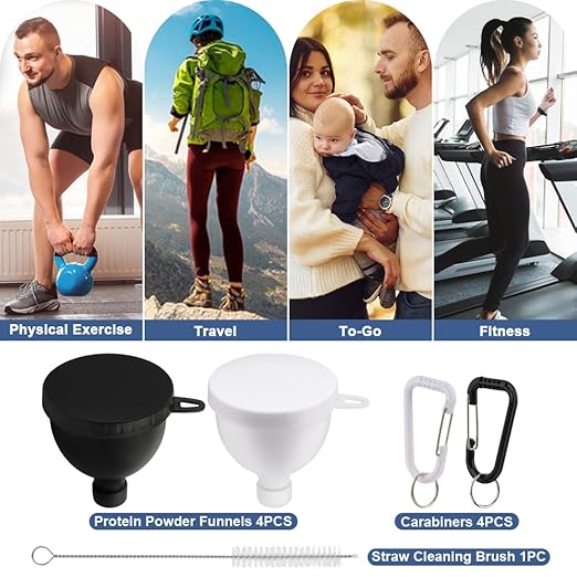 Protein Powder Funnel 4-Pack with Cleaning Brush, 5oz Leak-Proof Containers, Gym Travel Supplement Dispenser, Black White