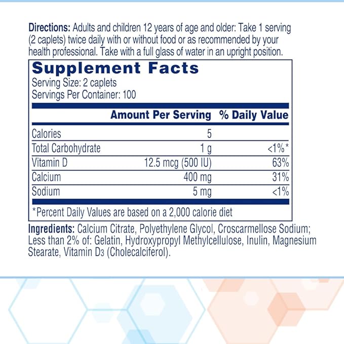 Citracal Petites, 400 mg Calcium Citrate, Easily Absorbed and Highly Soluble with 12.5 mcg (500 IU) Vitamin D3, Smaller and Easier to Swallow Caplets, 200 Count