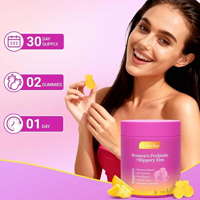 Her Juicy Feminine Probiotics Gummies for Women with Slippery Elm, Prebiotics & Lactobacillus - for pH Balance & Digestive Health, Tropical Pineapple Flavor, 60 Count