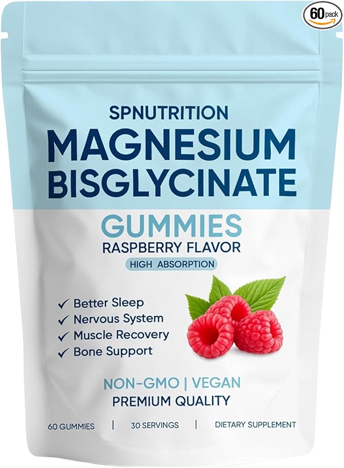 Spnutrition Magnesium Bisglycinate Gummies, with 400mg Magnesium Bisglycinate Chelate, Sea Salt, Raspberry Fruit Powder, Improve Sleep & nervous, Relax Muscles, Strengthen Bones, Vegan, 60 Gummies (1)
