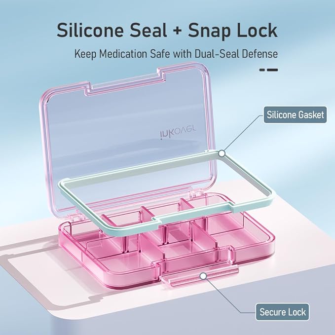 Small Pill Organizer, Waterproof & Portable Pill Case for Daily Travel - Adjustable 4 Compartments Compact Medicine Holder for Vitamins, Pills, Perfect for Purse or Pocket (Blue)