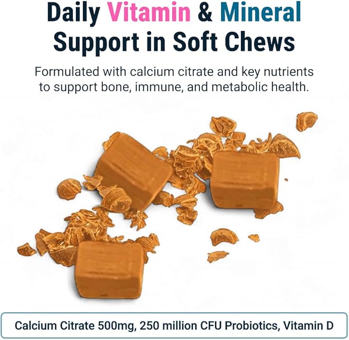 BariatricPal Sugar-Free Calcium Citrate Soft Chews | 500mg with Vitamin D & Probiotics | Orange Creamsicle | 90 Count (1 Month Supply)
