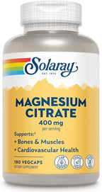 SOLARAY Magnesium Citrate 400mg - Magnesium Supplement - Bone Health, Muscle, Relaxation and Heart Health Support - Vegan, Gluten Free - 60 Servings, 180 VegCaps