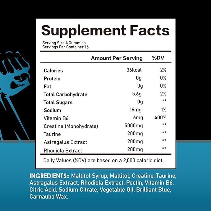 Creatine Gummies Monohydrate Complex 5000mg 60 Count Gummies Taurine + Vitamin B6 for Muscle Strength, Muscle Builder, Energy Boost, Pre Workout (60 Count (Pack of 1))