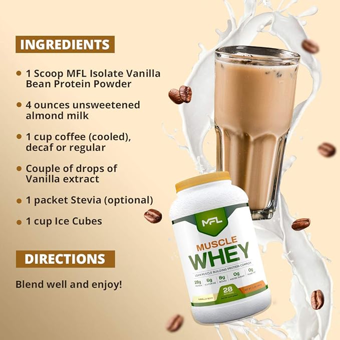 MFL Muscle Whey Protein l 28g of Protein l 8g BCAAs l Keto Friendly l Low Carbs l 2 lbs (Vanilla Bean)