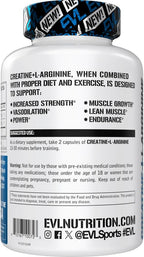 Evlution Nutrition Creatine + L-Arginine - Supports Blood Flow, Post-Workout Recovery & Lean Muscle Growth - 500mg Creatine Monohydrate & 500mg L-Arginine Per Serving -60 Servings -120 Veggie Capsules