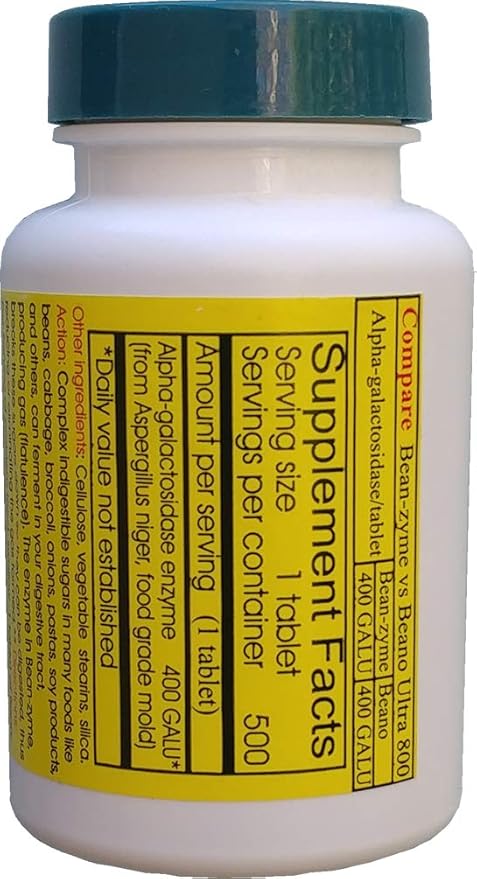 Bean-Zyme Gas Relief for Adults Extra Strength (500 ct) is 400 GAUL per Tablet Alpha Galactosidase, Vegan, Cost Less, Digestive Enzyme Dietary Supplement Natural Food Enzyme