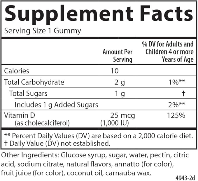 Carlson - Kid's Vitamin D3 Gummies, 1000 IU (25 mcg), Bone Health & Immune Support, Growth & Development, Vitamin D Gummies, D3 Gummy Vitamins, Natural Fruit Flavors, 60 Vegetarian Gummies (Pack of 2)