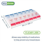 EZY DOSE Push Button (7-Day) Pill Case, Medicine Planner, Daily Vitamin Organizer, 2 Times a Day AM/PM, Large Compartments, Arthritis Friendly, Easy to Use, Clear Lids, Red/Blue, BPA Free